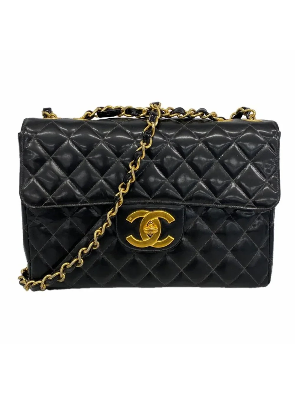 Chanel Shoulder Bag Maxi Quilted Patent Leather Black Gold